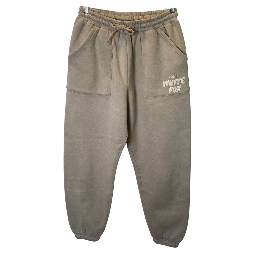 White Fox Sweatpants Women Small Sand Vol.3 Puff Print Logo Joggers Loungewear